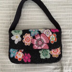 Black and Pink Floral Shoulder Bag with Embellishments